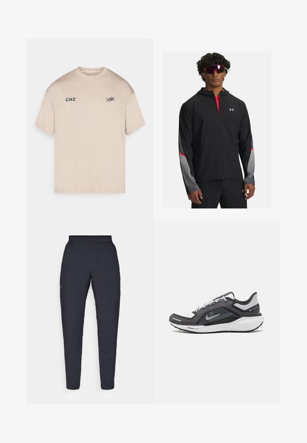 Chaqueta negra con cremallera y capucha, que presenta rayas grises y detalles rojos en las mangas. Llevada sobre una camiseta roja, mostrada con gafas de sol.; Camiseta de manga corta beige, hecha de una tela suave, con un pequeño logo "CNZ" y un acento gráfico en la parte delantera. Diseño clásico de cuello redondo.; Pantalones deportivos negros con una textura suave, corte ajustado, cinturilla elástica y bolsillos laterales. Presentan un pequeño logo en el muslo izquierdo.; Zapatilla deportiva negro y gris con parte superior de malla, acentos reflectantes y una entresuela blanca. Presenta una suela de goma texturizada y cordones.