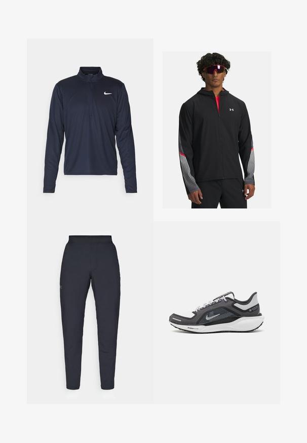 Černá zipová bunda s kapucí, s šedými pruhy a červenými akcenty na rukávech. Nositá přes červené tričko, vystavená se slunečními brýlemi.; Nike Performance PACER TOP - Top s dlouhým rukávem - obsidian/silver; Černé sportovní kalhoty s hladkou texturou, slim fit, elastickým pasem a bočními kapsami. Na levém stehně je umístěno malé logo.; Černá a šedá sportovní obuv s vrškem z prodyšné síťoviny, reflexními akcenty a bílou mezipodešví. Obsahuje texturovanou gumovou podrážku a tkaničky.