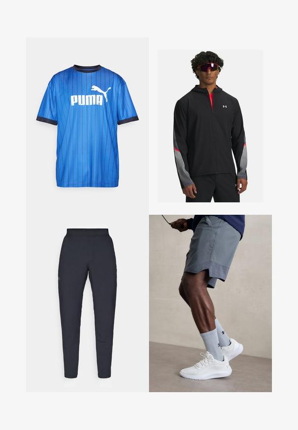 Melnas zip-up jaka ar kapuci, ar pelēkām svītrām un sarkaniem akcentiem uz piedurknēm. Valkāta virs sarkanas kreklas, parādīta ar saulesbrillēm.; Zils svītrots sporta T-krekls no elpojoša auduma, ar apaļu kakla izgriezumu un īsām piedurknēm. Priekšpusē ir redzams baltais Puma logo.; Melnas sporta bikses ar gludu tekstūru, šauru piegriezumu, elastīgu jostu un sānu kabatām. Uz kreisā augšstilba ir mazs logs.; Baltas sporta apavu pāris ar strukturētu acs virsu, apvienots ar gaiši zilo riboto zeķu pāri, kurā ir zīmols. Pelēki sporta šorti ar perforētu apdari.