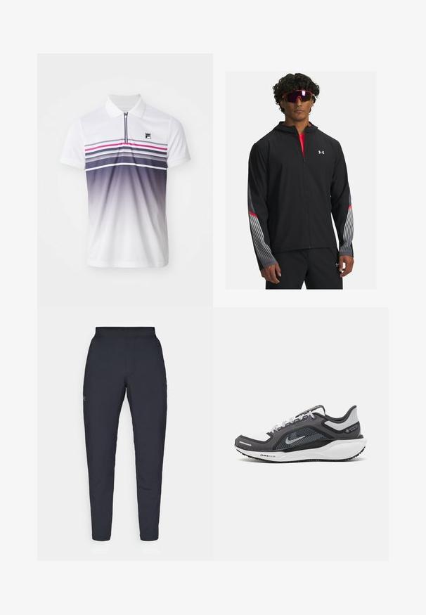 Črna zip-up jakna s kapuco, z sivimi črto in rdečimi detajli na rokavih. Oblačila so nad rdečo majico, prikazana z očali.; Bela polo majica s kratkimi rokavi, sprednjim zadrgo, vodoravnimi črtami v vijolični, roza in sivi barvi ter majhnim črnima logotipom na prsih.; Črne atletske hlače z gladko teksturo, ožjega kroja, elastičnim pasom in stranskimi žepi. Imajo majhen logotip na levem stegnu.; Črne in sive atletske čevlje z mrežasto zgornjim delom, odsevnimi detajli in belim srednjim podplatom. Imajo strukturiran gumijast podplat in vezalke.
