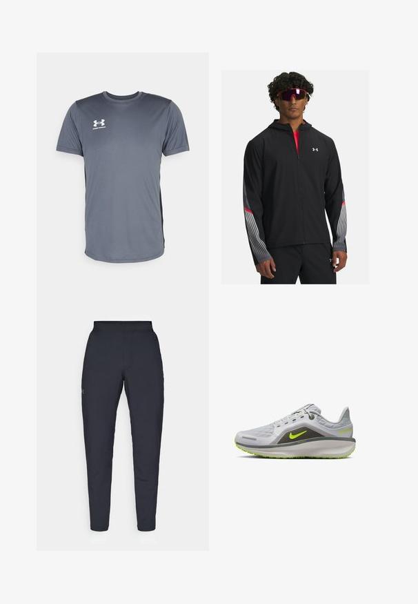 Chaqueta negra con cremallera y capucha, que presenta rayas grises y detalles rojos en las mangas. Llevada sobre una camiseta roja, mostrada con gafas de sol.; Camiseta deportiva gris de manga corta. Presenta un cuello redondo y un logo blanco de Under Armour en el pecho izquierdo. Textura suave.; Pantalones deportivos negros con una textura suave, corte ajustado, cinturilla elástica y bolsillos laterales. Presentan un pequeño logo en el muslo izquierdo.; Zapatilla deportiva gris con parte superior texturizada, acentos en verde neón, una suela acolchada y un diseño ligero. Presenta un logo visible y detalles.