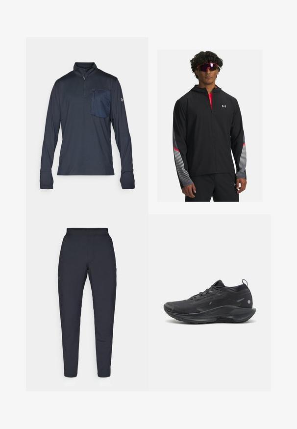 Black zip-up jacket with a hood, featuring gray stripes and red accents on sleeves. Worn over a red shirt, displayed with sunglasses.; Under Armour TRAIL RUN 1/4 ZIP - Long sleeved top - anthracite/earthen orange; Black athletic pants with a smooth texture, slim fit, elastic waistband, and side pockets. Features a small logo on the left thigh.; Black athletic shoe with a textured mesh upper, integrated lacing, and a cushioned sole. Features subtle branding and a heel pull tab.