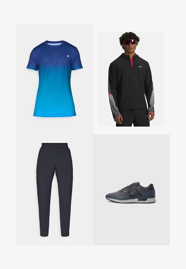 Mustra musta tõmbetaskuga jope, millel on hallid triibud ja punased aktsendid varrukatel. Kandmine punase särgi peal, esitatud koos prillidega.; Sinine gradient täiustatud lühikeste varrukatega T-särk, millel on sile tekstuur, ümmargune kaelus ja väike logo rinnal.; Mustad mustreid spordipüksid, millel on sile tekstuur, kitsas lõige, elastne vöökoht ja küljetaskud. Vasakule reiele on tikandatud väike logo.; Meeste spordijalatsid tumepunases värvitoonis, millel on kvaliteetne silmadega kootud ja sünteetiline pealismaterjal. Omab sidumisfunktsiooni, pehmendatud krae ja kummist tallaga, millel on tekstuurne haarduvus.