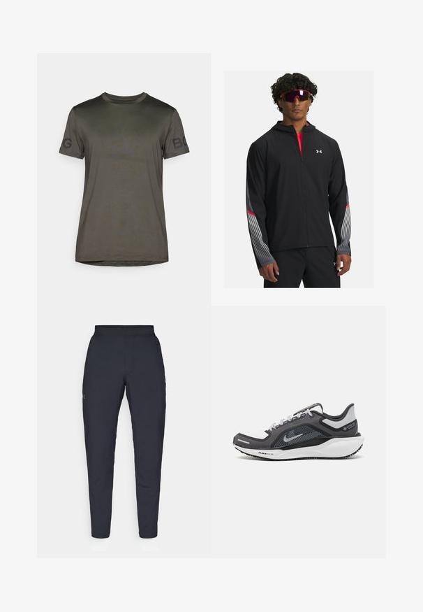 Chaqueta negra con cremallera y capucha, que presenta rayas grises y detalles rojos en las mangas. Llevada sobre una camiseta roja, mostrada con gafas de sol.; Camiseta verde oliva oscura de tela suave, con mangas cortas y escote redondo. Logo "BOG" impreso en la manga izquierda.; Pantalones deportivos negros con una textura suave, corte ajustado, cinturilla elástica y bolsillos laterales. Presentan un pequeño logo en el muslo izquierdo.; Zapatilla deportiva negro y gris con parte superior de malla, acentos reflectantes y una entresuela blanca. Presenta una suela de goma texturizada y cordones.