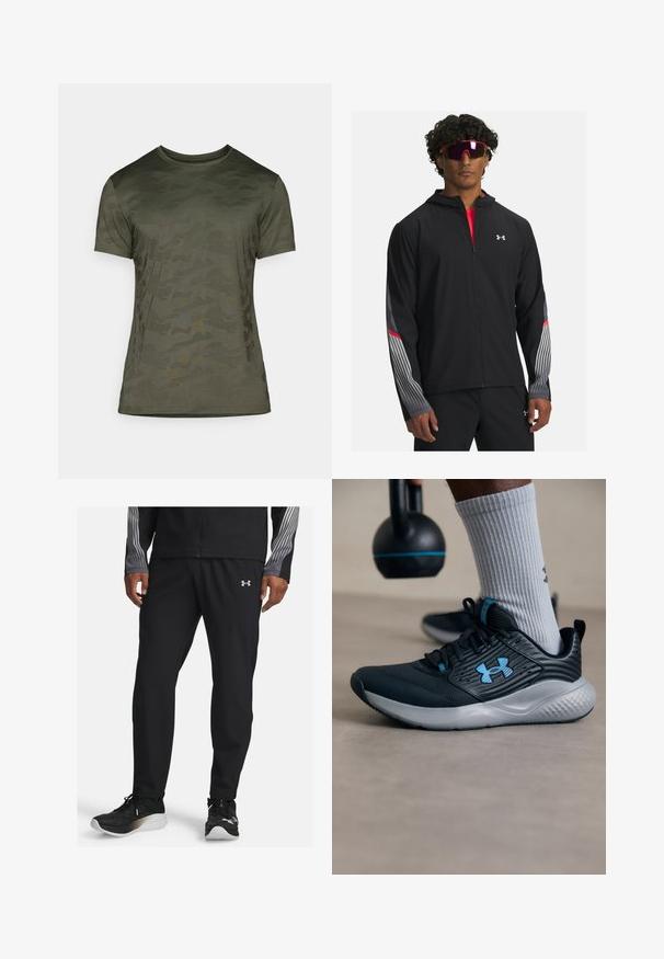 Černá zipová bunda s kapucí, s šedými pruhy a červenými akcenty na rukávech. Nositá přes červené tričko, vystavená se slunečními brýlemi.; Olivově zelené tričko s krátkým rukávem, se slabým camo vzorem. Vyrobeno z měkké tkaniny, s kulatým výstřihem a přiléhavým střihem.; Černé sportovní kalhoty vyrobené z lehkého materiálu, s tapered designem a elastickým pasem. Doplněné malým logem na přední straně.; Černá sportovní obuv s modrými akcenty, texturovaným svrškem a šedou podrážkou. Nosená se šedými žebrovanými ponožkami, vedle černého kettlebellu.