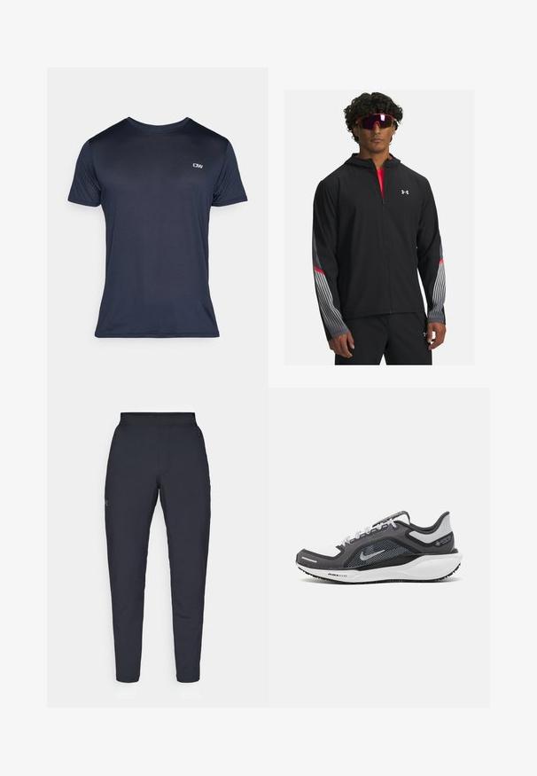 Melnas zip-up jaka ar kapuci, ar pelēkām svītrām un sarkaniem akcentiem uz piedurknēm. Valkāta virs sarkanas kreklas, parādīta ar saulesbrillēm.; Tumši zils, īsām piedurknēm T-krekls, kas izgatavots no ribota auduma, ar mazu logotipu augšējā kreisajā pusē un klasisku apaļu kakla izgriezumu.; Melnas sporta bikses ar gludu tekstūru, šauru piegriezumu, elastīgu jostu un sānu kabatām. Uz kreisā augšstilba ir mazs logs.; Melnas un pelēkas sporta kurpes ar tīklu augšdaļu, atstarojošiem akcentiem un baltu starpzoli. Aprīkotas ar teksturētu gumijas zoli un šņorēm.