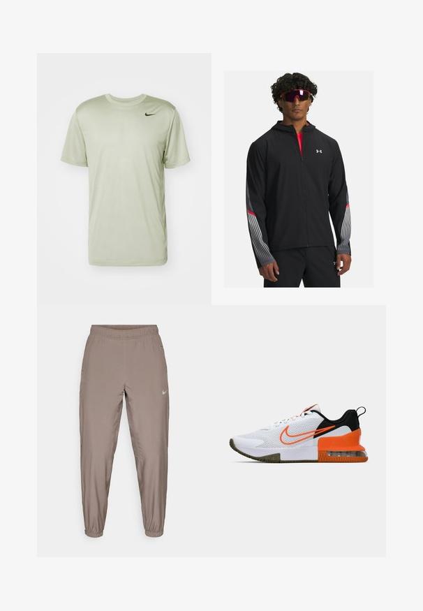 Black zip-up jacket with a hood, featuring gray stripes and red accents on sleeves. Worn over a red shirt, displayed with sunglasses.; Nike Performance TEE RESET - Sports T-shirt - jade horizon; Nike athletic pants in a light brown color, featuring an elastic waistband, tapered legs, and side pockets. Smooth, lightweight fabric.; White athletic shoe with a textured mesh upper, black and orange accents, a thick rubber sole, and a clear air cushion section at the heel.