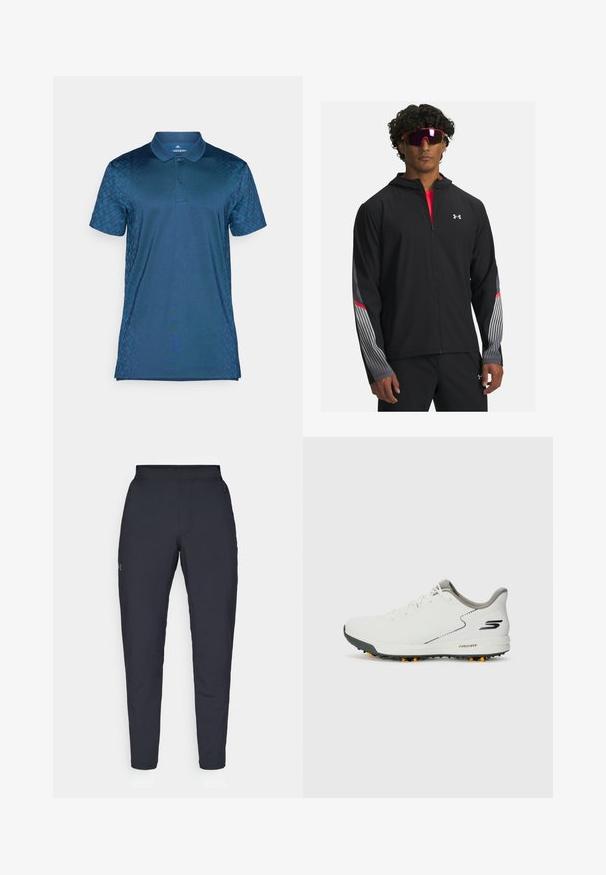 Juodas zip-up džemperis su gobtuvu, su pilkomis juostelėmis ir raudonais akcentais ant rankovių. Užsidėtas ant raudono marškinėlio, demonstruojamas su akiniais nuo saulės.; Tamsiai mėlynas polo marškinėliai su dviem mygtukais, trumpomis rankovėmis ir tekstūrine užuomazga kairėje pusėje. Pagaminti iš lygaus audinio.; Juodos sportinės kelnės su lygiu paviršiumi, siauru siluetu, elastingu juosmeniu ir šoninėmis kišenėmis. Mažas logotipas yra kairėje šlaunyje.; Balti sportiniai batai su lygiu viršumi, pilkais akcentais ir tekstūruota juoda padanga, turinčia oranžinius spygliais. Lengvas dizainas, orientuotas į komfortą.