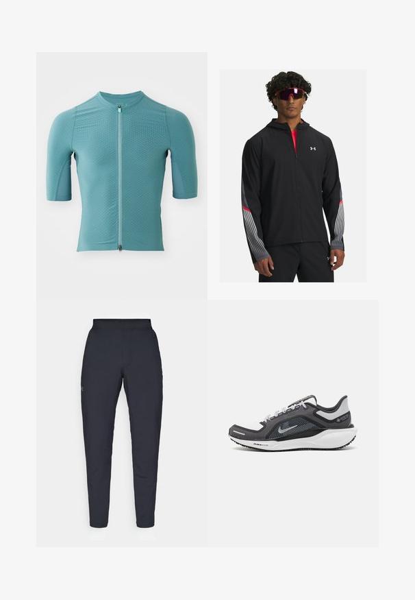 Melnas zip-up jaka ar kapuci, ar pelēkām svītrām un sarkaniem akcentiem uz piedurknēm. Valkāta virs sarkanas kreklas, parādīta ar saulesbrillēm.; Īsām piedurknēm velosipēdu kreklā izstrādāts no strukturēta gaiši zila auduma ar priekšējo rāvējslēdzēju, ar apaļu dekoltē un pieguļošu dizainu.; Melnas sporta bikses ar gludu tekstūru, šauru piegriezumu, elastīgu jostu un sānu kabatām. Uz kreisā augšstilba ir mazs logs.; Melnas un pelēkas sporta kurpes ar tīklu augšdaļu, atstarojošiem akcentiem un baltu starpzoli. Aprīkotas ar teksturētu gumijas zoli un šņorēm.