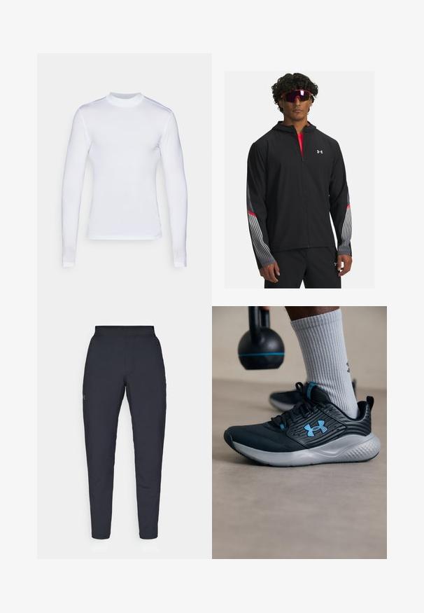 Schwarze Zip-up-Jacke mit Kapuze, mit grauen Streifen und roten Akzenten an den Ärmeln. Getragen über einem roten Shirt, präsentiert mit Sonnenbrille.; Langärmliges weißes Hemd aus glattem, leichtem Stoff. Verfügt über einen runden Halsausschnitt und ein tailliertes Design mit nahtloser Verarbeitung.; Schwarze Sporthose mit glatter Textur, schlankem Schnitt, elastischem Bund und seitlichen Taschen. Mit einem kleinen Logo auf dem linken Oberschenkel.; Schwarzer Sportschuh mit blauen Akzenten, strukturiertem Obermaterial und grauer Sohle. Getragen mit grauen gerippten Socken, neben einer schwarzen Kettlebell.