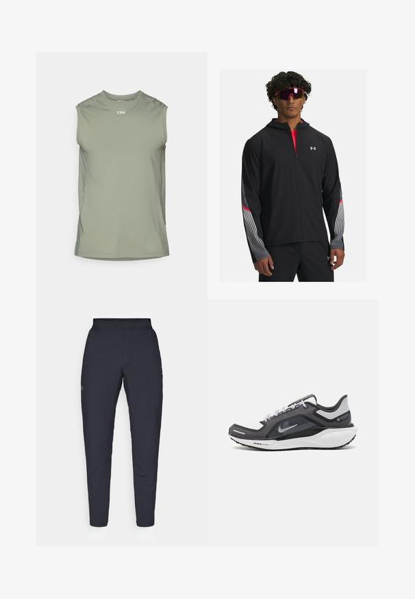 Black zip-up jacket with a hood, featuring gray stripes and red accents on sleeves. Worn over a red shirt, displayed with sunglasses.; Sleeveless athletic shirt in olive green, featuring mesh panels for breathability, round neckline, and subtle logo on the front.; Black athletic pants with a smooth texture, slim fit, elastic waistband, and side pockets. Features a small logo on the left thigh.; Black and gray athletic shoe with a mesh upper, reflective accents, and a white midsole. Features textured rubber outsole and laces.