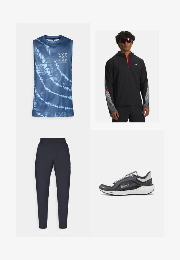 Svart zip-up jacka med huva, prydd med grå ränder och röda detaljer på ärmarna. Bärs över en röd skjorta, uppställd med solglasögon.; Ärmlös träningsskjorta, blått tie-dye-mönster, lätt meshmaterial, rund halsringning, har "RUN"-text i vitt på framsidan.; Svarta träningsbyxor med en slät yta, slim fit, elastisk midja och sidofickor. Har en liten logotyp på vänstra låret.; Svart och grå atletisk sko med ovandel i mesh, reflexdetaljer och en vit mellansula. Har en strukturerad gummisula och skosnören.