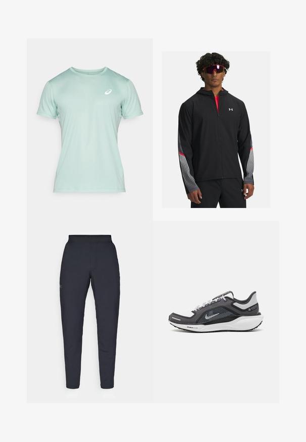 Mustra musta tõmbetaskuga jope, millel on hallid triibud ja punased aktsendid varrukatel. Kandmine punase särgi peal, esitatud koos prillidega.; ASICS CORE TOP - Spordi T-särk - light celadon; Mustad mustreid spordipüksid, millel on sile tekstuur, kitsas lõige, elastne vöökoht ja küljetaskud. Vasakule reiele on tikandatud väike logo.; Mustern ja hallide värvusega spordijalats, millel on võrgusilmast ülemine osa, peegeldavad aktsendid ja valge vaheosa. Omab tekstuuriga kummist välisosa ja kingapaelu.