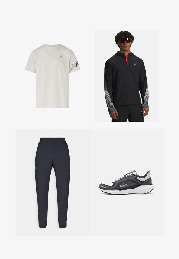 Mustapukuinen vetoketjullinen takki hupulla, jossa on harmaat raidat ja punaiset yksityiskohdat hihoissa. Viettää punaisen paidan päällä, esiteltynä aurinkolasien kanssa.; ASICS ICON SS - Tekninen t-paita - cream; Mustat urheiluhousut, joissa on sileä pinta, kapea malli, joustava vyötäkuja ja sivutaskut. Vasemmassa reisissä on pieni logo.; Musta ja harmaa urheilukenka, jossa on verkkopäällinen, heijastavat yksityiskohdat ja valkoinen välipohja. Varustettu kuvioidulla kumipohjalla ja nauhoilla.