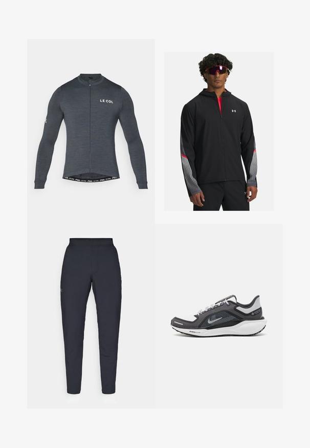 Črna zip-up jakna s kapuco, z sivimi črto in rdečimi detajli na rokavih. Oblačila so nad rdečo majico, prikazana z očali.; Kolesarska majica z dolgimi rokavi v temno sivi tkanini, opremljena s prednjim zadrgo in belim logotipom "LE COL" na prsih in rokavu. Raztegljiva, prilegajoča se zasnova.; Črne atletske hlače z gladko teksturo, ožjega kroja, elastičnim pasom in stranskimi žepi. Imajo majhen logotip na levem stegnu.; Črne in sive atletske čevlje z mrežasto zgornjim delom, odsevnimi detajli in belim srednjim podplatom. Imajo strukturiran gumijast podplat in vezalke.