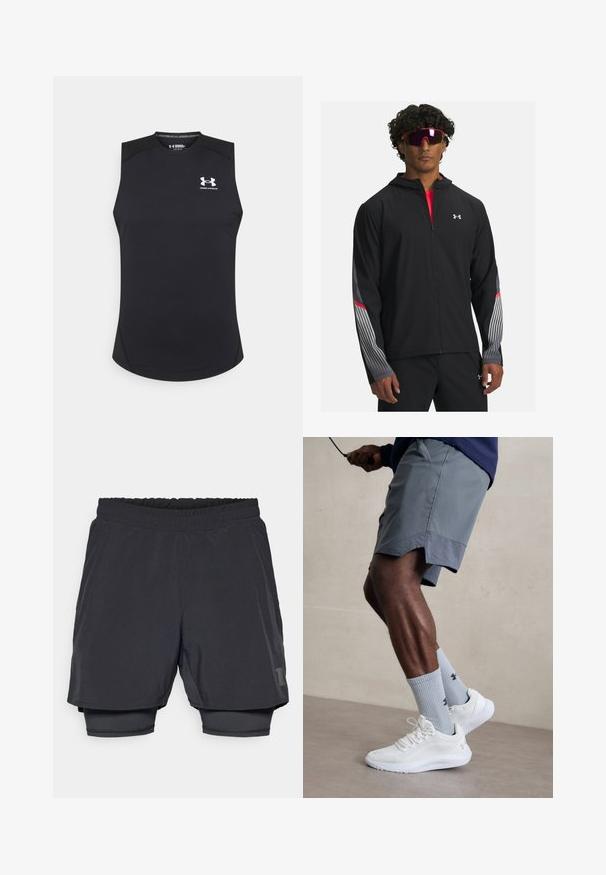 Mustra musta tõmbetaskuga jope, millel on hallid triibud ja punased aktsendid varrukatel. Kandmine punase särgi peal, esitatud koos prillidega.; Musthave mustand kaelusega sportlik särk, mis on valmistatud siledast ja venivast kangast. Omab ümmargust kaelust ja väikest valget logo rinnal.; Mustad mustriga mustikud, millel on elastne vöökoht, kihiline disain ja liibuv sisemine vooder. Omab diskreetset logo alumises osas.; Valged spordijalatsid tekstuurse võrguga pealispinnaga, millele on lisatud helesinised ribakujulised sokid logoga. Hallid spordilühikesed püksid, millel on perforeeritud ääred.