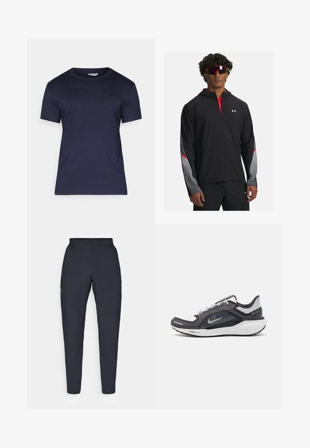 Svart zip-up jacka med huva, prydd med grå ränder och röda detaljer på ärmarna. Bärs över en röd skjorta, uppställd med solglasögon.; Marinblå t-shirt med kort ärm i mjukt material, rundad halsdesign med en subtil svart "BORG"-logotyp på bröstet. Har en avslappnad passform.; Svarta träningsbyxor med en slät yta, slim fit, elastisk midja och sidofickor. Har en liten logotyp på vänstra låret.; Svart och grå atletisk sko med ovandel i mesh, reflexdetaljer och en vit mellansula. Har en strukturerad gummisula och skosnören.