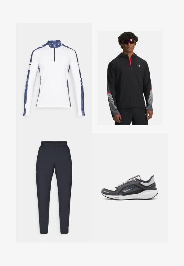 Black zip-up jacket with a hood, featuring gray stripes and red accents on sleeves. Worn over a red shirt, displayed with sunglasses.; Long-sleeve athletic shirt, white with blue patterned sleeves, high collar, and 1/4 zip. Features contrasting black stripes on sleeves.; Black athletic pants with a smooth texture, slim fit, elastic waistband, and side pockets. Features a small logo on the left thigh.; Black and gray athletic shoe with a mesh upper, reflective accents, and a white midsole. Features textured rubber outsole and laces.