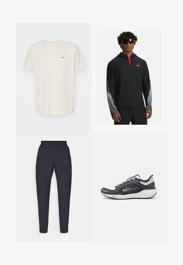 Chaqueta negra con cremallera y capucha, que presenta rayas grises y detalles rojos en las mangas. Llevada sobre una camiseta roja, mostrada con gafas de sol.; Camiseta cremosa con escote redondo y mangas cortas. Presenta un pequeño logo gris en el lado izquierdo del pecho. Textura suave, ajuste relajado.; Pantalones deportivos negros con una textura suave, corte ajustado, cinturilla elástica y bolsillos laterales. Presentan un pequeño logo en el muslo izquierdo.; Zapatilla deportiva negro y gris con parte superior de malla, acentos reflectantes y una entresuela blanca. Presenta una suela de goma texturizada y cordones.