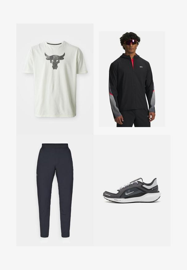 Črna zip-up jakna s kapuco, z sivimi črto in rdečimi detajli na rokavih. Oblačila so nad rdečo majico, prikazana z očali.; Bela bomba iz bombažne tkanine z grafiko črnega kovinskega bika na sredini prsnega dela. Kratke rokave in krožni izrez.; Črne atletske hlače z gladko teksturo, ožjega kroja, elastičnim pasom in stranskimi žepi. Imajo majhen logotip na levem stegnu.; Črne in sive atletske čevlje z mrežasto zgornjim delom, odsevnimi detajli in belim srednjim podplatom. Imajo strukturiran gumijast podplat in vezalke.