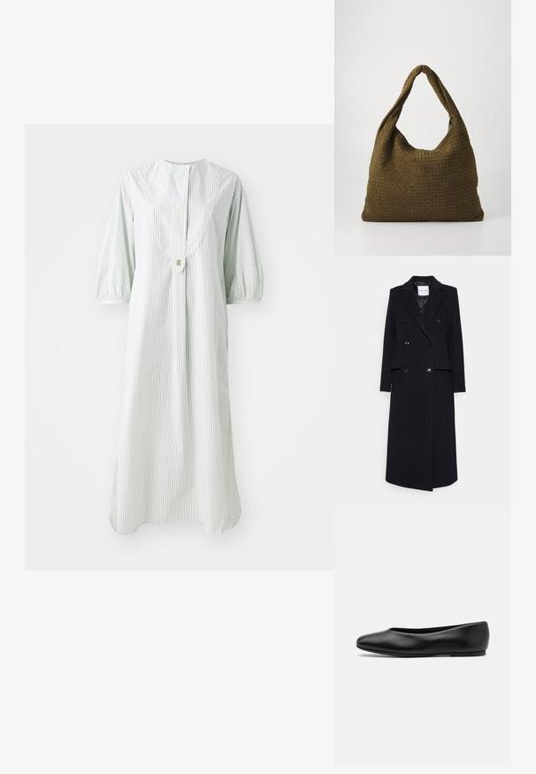 Samsøe Samsøe Manteau classique - black; Robe rayée en vert clair et blanc, dotée d'un col rond, de courtes manches bouffantes et d'une fermeture à boutons dans le dos.; Paul Smith TOPANGA - Ballerines - black; Sac en tissu tissé de couleur olive avec une forme ronde et spacieuse et une longue poignée unique pour le porter. Surface texturée.