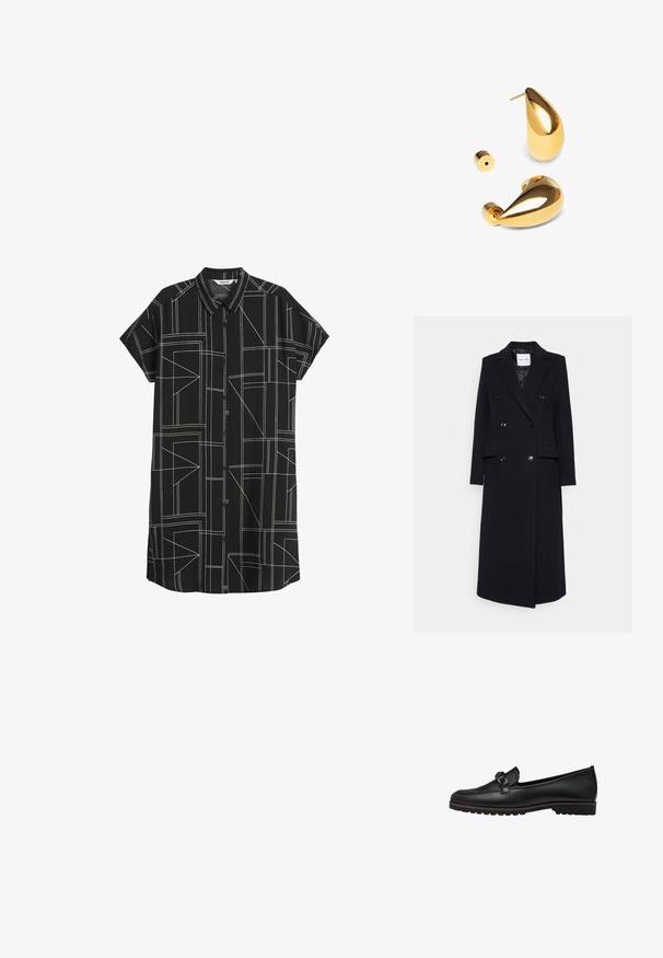 Samsøe Samsøe Klassinen takki - black; Musta lyhythihainen paitamekko, jossa on nappikiinnitys. Sisältää geometrisen valkoisen viivakuosin ja kauluksen. Kevyt kangas.; Mustat nahkaloafersit, joissa on punottu yksityiskohta edessä, litteä kumipohja ja ommeltu yksityiskohta reunoilla.; Singularu DROP - Korvakorut - gold-coloured