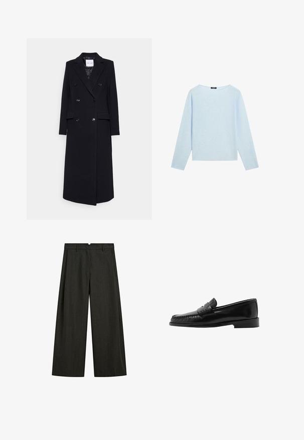 Samsøe Samsøe Klassischer Mantel - black; Helles blaues Langarm-Sweatshirt mit weiter Bootsausschnitt und geradem Saum, auf einem weißen Hintergrund präsentiert.; Dunkelgraue weite Hosen mit dezenten Nadelstreifen, Frontknopf- und Reißverschlussverschluss sowie Seitentaschen.; Schwarzer Lederloafer mit geschwungener Silhouette, dekorativem Riemen, strukturiertem Stich und flacher Gummisohle. Glatte Oberfläche und elegantes Design.