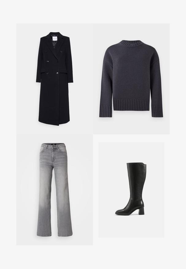 Samsøe Samsøe Classic coat - black; Navy knit sweater with a high ribbed neckline and wide ribbed cuffs and hem. Features a relaxed fit and textured fabric.; High-waisted straight-leg gray denim jeans with front button and zipper, front and back pockets, and faded shading on thighs and calves.; Black leather knee-high boot with a square block heel. Smooth texture, fitted design, minimal stitching detail, and rounded toe.
