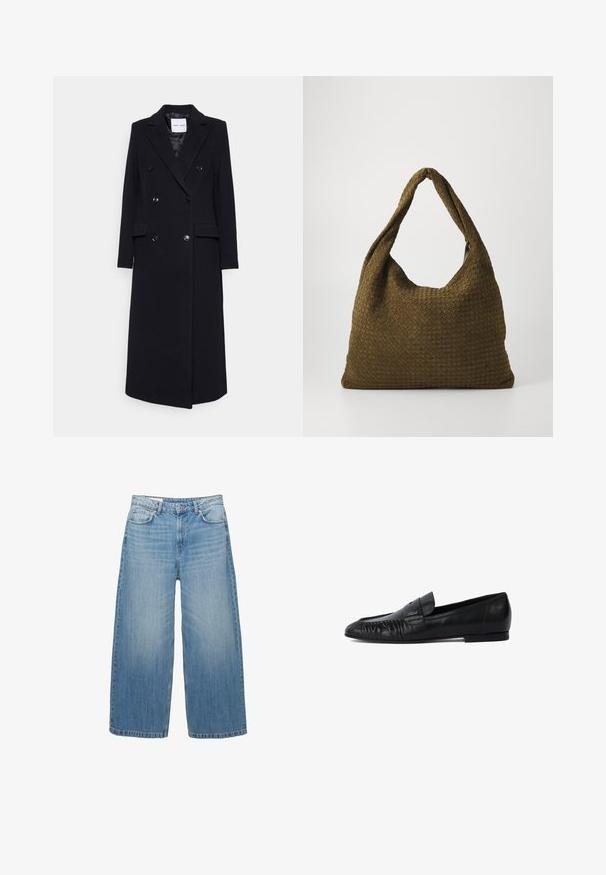 Samsøe Samsøe Klassisk frakke - black; Sort strikket sweater med rund hals, lange ærmer og cropped design. Fremstillet af et blødt materiale med en glat tekstur.; Lys blå brede jeans lavet af denim, med et klassisk fem-lomme design og en knaplukning. Har en falmet struktur over det hele.; Sorte læder loafers med rund tå, syet detaljering på forsiden og flad sål. Minimalistisk design med en diskret logoaccent.; Vævet stofhåndtaske i olivengrøn med en rummelig, rund form og et enkelt, forlænget håndtag til bæring. Struktureret overflade.