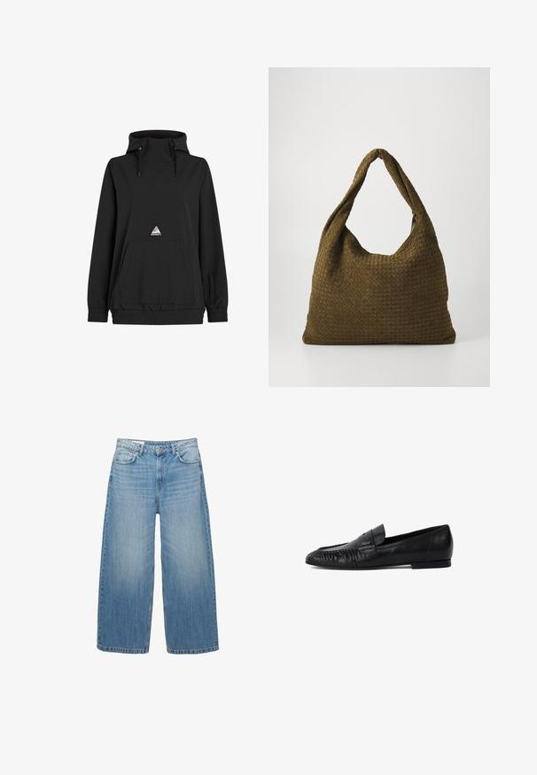 Samsøe Samsøe Cappotto classico - black; Felpa con cappuccio nera, collo alto, cordoncino, tasca frontale, orlo elastico e una toppa con logo triangolare. Tessuto morbido e liscio.; Jeans a gamba larga di un blu chiaro in denim, con un classico design a cinque tasche e chiusura con bottone. Texture scolorita in tutta la superficie.; Mocassini in pelle nera con punta arrotondata, dettagli cuciti sul davanti e suola piatta. Design minimalista con un sottile accento del logo.; Borsa in tessuto intrecciato di colore verde oliva, dalla forma ampia e arrotondata, con un'unica maniglia allungata per il trasporto. Superficie texturizzata.