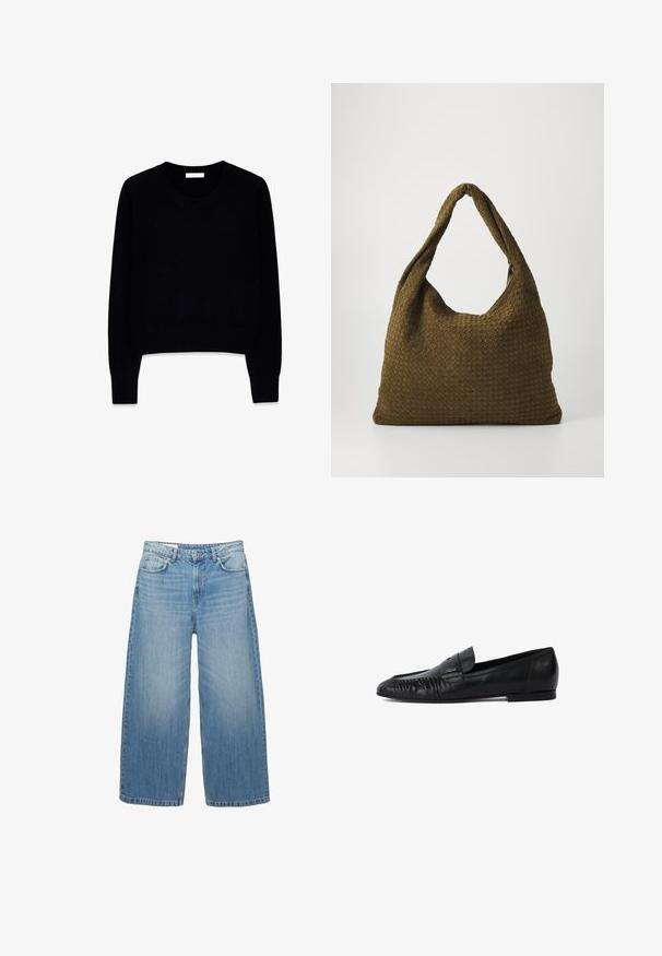 Samsøe Samsøe Klassisk kappa / rock - black; Svart tröja i mjukt material, med rund halsringning och långa ärmar. Designen är cropped med ribbade muddar och nederkant.; Ljusblå vida jeans i denim, med en klassisk femfickdesign och knappstängning. Urblekt textur genom hela plagget.; Svarta läderloafers med rund tå, stygn på framsidan och platt sula. Minimalistisk design med en diskret logotypaccent.; Vävd tygväska i olivgrön med en rymlig, rundad form och ett enda, förlängt handtag för bärning. Strukturerad yta.