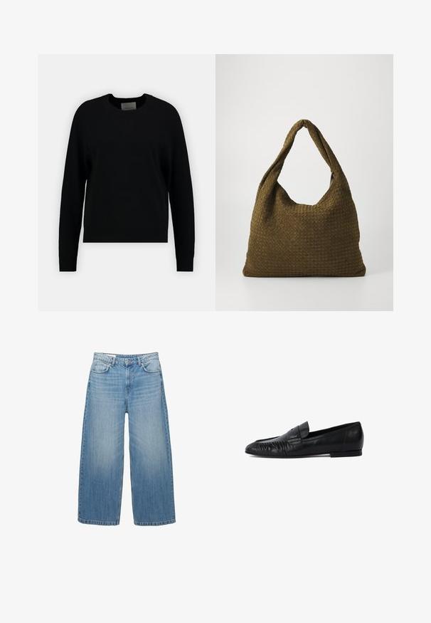 Samsøe Samsøe Klassischer Mantel - black; Schwarzer Strickpullover mit Rundhalsausschnitt, langen Raglanärmeln und ribbeltem Saum. Glatte Textur, minimalistisches Design, keine sichtbaren Muster oder Akzente.; Hellblaue weite Jeans aus Denim, mit einem klassischen Fünf-Taschen-Design und einem Knopfverschluss. Im ganzen Stoff mit einem verwaschenen Look.; Schwarze Lederloafers mit runder Zehe, gestickten Details an der Vorderseite und flacher Sohle. Minimalistisches Design mit dezentem Logoakzent.; Gewebte Handtasche in Olivgrün mit einer geräumigen, runden Form und einem einzelnen, verlängerten Tragegriff. Strukturiere Oberfläche.