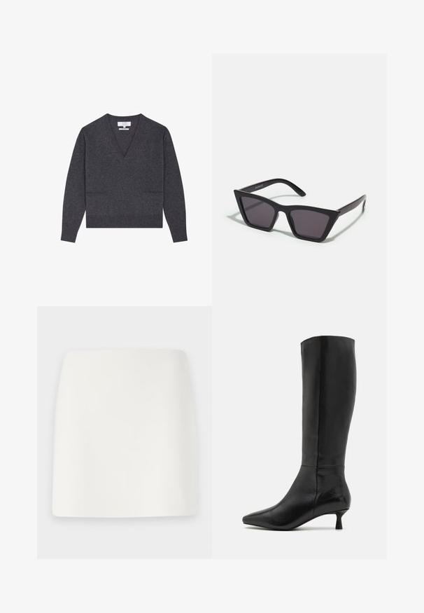 Samsøe Samsøe - Klasyczny płaszcz; Ciemnoszary sweter w serek wykonany z miękkiego materiału, posiadający długie rękawy, prążkowany dół oraz dwie przednie kieszenie dla dodatkowego akcentu.; Biała, dopasowana mini spódnica o gładkiej fakturze i prostych liniach. Brak widocznych wzorów i akcesoriów. Prosty dół.; Zign - Kozaki; Czarne, kanciaste okulary przeciwsłoneczne z szarymi soczewkami; wykonane z plastiku, z grubymi zausznikami o gładkiej powierzchni i bez widocznych elementów metalowych.