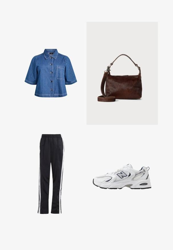 Samsøe Samsøe Klasický kabát - black; Džínová bunda s krátkým rukávem v tmavě modré barvě s bílými svislými pruhy, zapínání na knoflíky, límec a přední kapsa. Hladká textura a ležérní design.; Černé sportovní kalhoty s bílými pruhy po stranách, elastickým pasem a logem. Vyrobeny z hladkého, lehkého materiálu. Rovný střih nohou.; Bílé sportovní boty s textilním svrškem, námořnickými akcenty a polstrovanou podrážkou. Obsahují logo "N", tkaničky a texturovaný detail na boku.; Hnědá kožená kabelka s měkkým, texturovaným vzhledem podobným kožešině, štíhlým designem, krátkým uchopovacím madlem a odnímatelným popruhem.