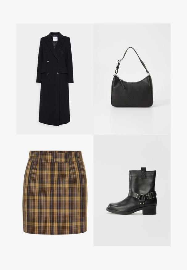 Samsøe Samsøe Klasszikus kabát - black; Fekete, rövid ujjú póló, puha pamutból készült, kerek nyakkivágással, laza szabással és sima textúrával. Nincs látható minta vagy grafikák.; Kockás mini szoknya sárga és sötétkék színekben. Jellemzői a magas derék, sima elülső rész és oldalsó zsebek, textúrált anyagból készült, amely struktúrált formát biztosít.; Samsøe Samsøe SABRENTA - Cowboy/motoros bokacsizma - black; Fekete bőrtáska ívelt formával, egyetlen pánttal, cipzáras záródással és diszkrét logóval az elején. Simább textúra, minimalista dizájn.