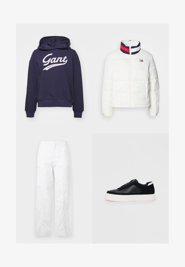 Bela puhovka s visokim ovratnikom, ki ima mornarsko modro, rdečo in belo trakasto poslikavo. Spredaj se zapenja na zadrgo, imata pa tudi stranska žepa. Gladka tekstura.; Mornarski modri pulover s kapuco iz bombažnega mešanega materiala, ki ima velik bel logotip "Gant" in besedilo "1949 N.H.C.T." v ukrivljenem dizajnu.; Bela široka hlače iz lahkega materiala, ki se ponašajo z gladko teksturo, čistimi linijami in visokim pasom.; Črne športne copate z gladko usnjeno in semišnimi paneli, ravnimi vezalkami, zaobljenim nosom in belim gumijastim podplatom. Oznaka na peti.