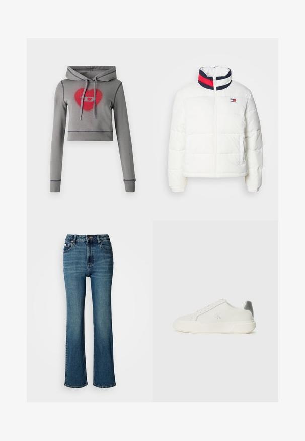 Witte pufferjas met een hoge kraag en een marineblauwe, rode en witte gestreepte accentuering. Centraal vooraan rits en zijzakken. Gladde textuur.; Grijze cropped hoodie met lange mouwen, capuchon met trekkoord en rood hart- en logodesign versierd met strasssteentjes. Contrasterende stikdetails.; Hogwaardige blauwe jeans van denim, met een rechtzittend ontwerp, subtiele vervaging en een standaard knoop- en ritssluiting.; Witte sneaker van leer met een gladde textuur, featuring een zilveren accent op de hiel, een platte zool en een minimalistisch ontwerp.