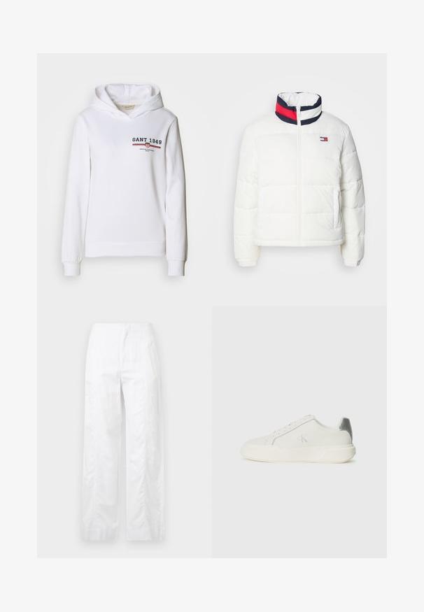 White puffer jacket with a high collar featuring a navy, red, and white striped accent. Center front zip and side pockets. Smooth texture.; White hoodie made of soft fabric, featuring a front logo with "GANT 1949" and red/blue striped accents, with long sleeves and a drawstring hood.; White wide-leg trousers made of lightweight fabric, featuring a smooth texture, clean lines, and a high waist design.; White sneaker made of leather with a smooth texture, featuring a silver accent on the heel, flat sole, and minimalistic design.