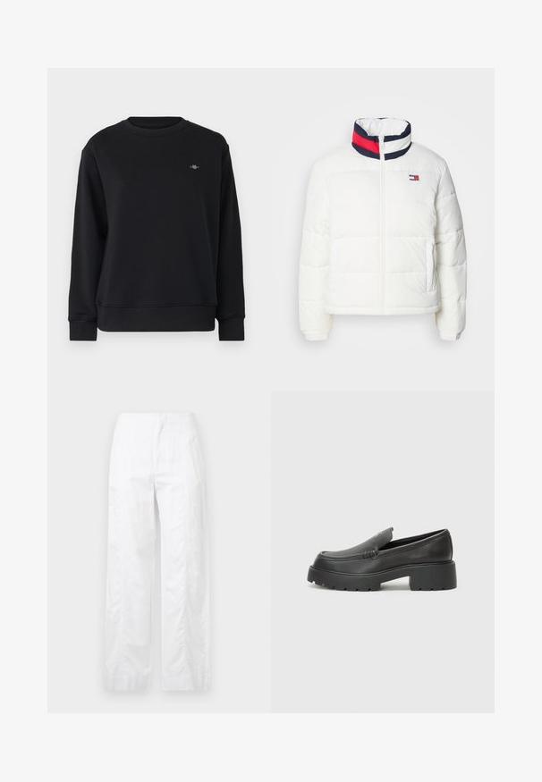 Bela puhovka s visokim ovratnikom, ki ima mornarsko modro, rdečo in belo trakasto poslikavo. Spredaj se zapenja na zadrgo, imata pa tudi stranska žepa. Gladka tekstura.; Črna majica s kapuco iz mehke tkanine, z okroglim izrezom, dolgimi rokavi in majhnim logotipom na levem prsnem delu. Gladka tekstura in sproščen kroj.; Bela široka hlače iz lahkega materiala, ki se ponašajo z gladko teksturo, čistimi linijami in visokim pasom.; Črne usnjene loafers čevlje z zaobljenim nosom, debelim teksturiranim podplatom in minimalnimi šivi. Elegantna zasnova brez vidnih vezalk ali kovinskih delov.