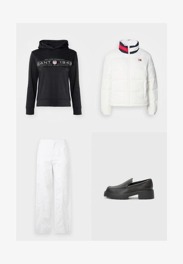 Jachetă puf albă cu guler înalt, având un accent în dungi bleumarin, roșu și alb. Fermuar la mijloc și buzunare laterale. Textură netedă.; Hanorac negru cu buzunar frontal tip kangur. Dispune de text imprimat "NEW HAVEN CONNECTICUT GANT 1949 AMERICAN SPORTSWEAR" și un design cu scut.; Pantaloni albi cu croială largă, fabricați dintr-un material ușor, având o textură netedă, linii curate și un design cu talie înaltă.; Mocasini din piele neagră, cu vârf rotunjit, talpă groasă texturată și detalii minimale de cusătură. Design elegant, fără șireturi sau accesorii vizibile.
