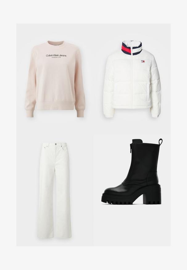 Chaqueta acolchada blanca con cuello alto que presenta un acento a rayas en azul marino, rojo y blanco. Cierre central en la parte delantera y bolsillos laterales. Textura suave.; Calvin Klein Jeans INSTITUTIONAL GRAPHIC - Sudadera - peach whip; Samsøe Samsøe SHELLY - Vaqueros boyfriend - clear cream; Botín negro de cuero hasta el tobillo con suela de goma gruesa, tacón cuadrado, cremallera lateral y tirador en la parte posterior sobre un fondo blanco liso.