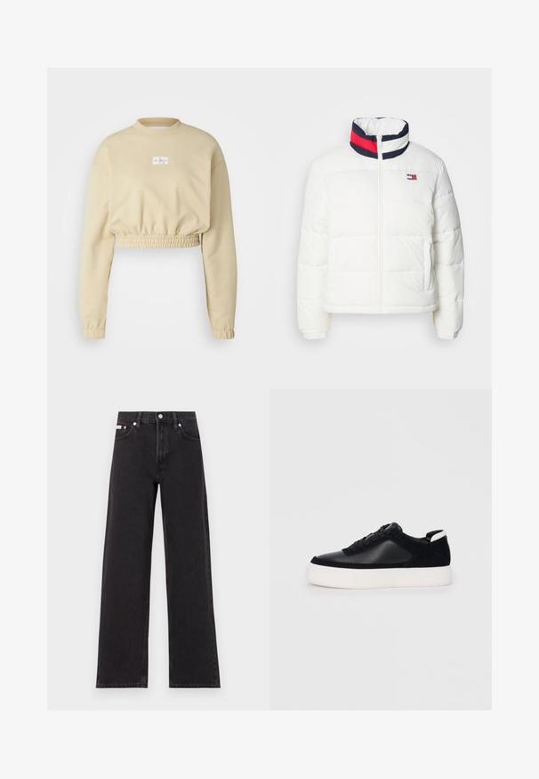 White puffer jacket with a high collar featuring a navy, red, and white striped accent. Center front zip and side pockets. Smooth texture.; Cropped beige sweatshirt with long sleeves, gathered hem, and a small logo patch on the chest. Made from soft, textured fabric.; Black wide-leg jeans made of denim, featuring a high-rise waist, five-pocket styling, and a metal button closure with contrasting stitching.; Black sneaker with smooth leather and suede panels, flat laces, rounded toe, and a white rubber sole. Distinct logo on the heel.