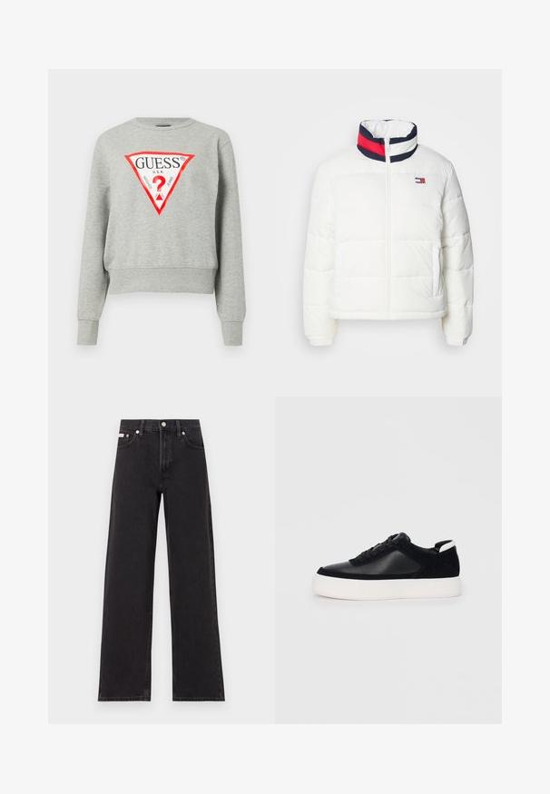 White puffer jacket with a high collar featuring a navy, red, and white striped accent. Center front zip and side pockets. Smooth texture.; Gray sweatshirt with red triangular logo featuring "GUESS U.S.A." text, long sleeves, ribbed cuffs, and hem, made from soft fabric.; Black wide-leg jeans made of denim, featuring a high-rise waist, five-pocket styling, and a metal button closure with contrasting stitching.; Black sneaker with smooth leather and suede panels, flat laces, rounded toe, and a white rubber sole. Distinct logo on the heel.