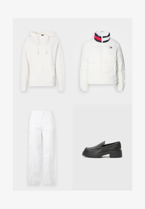 Valge puffjakker kõrge kaelusega, millel on tumesinine, punane ja valge triibuline aktsent. Esimene keskne lukustus ja külje taskud. Sile tekstuur.; Valge kapuutsiga dressipluus, nööridega ja logoga, soonikkoes varrukad ja äär. Varrukal on tikandiga logo detail; pehme, tekstureeritud kangas.; Valged laiad püksid, mis on valmistatud kergetest materjalidest, omades siledat tekstuuri, puhtaid jooni ja kõrget vöökohta.; Mustad nahast loafers ümarate varvastega, paksu tekstuuriga tald ja minimaalsete õmbluse detailidega. Viimistletud disain, kus pole nähtavaid paelu ega riistu.