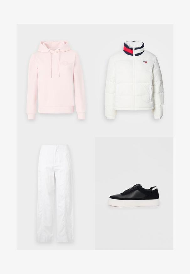 Fehér puffermellény magas gallérral, tengerészkék, piros és fehér csíkkal díszítve. Középen cipzárral nyílik, oldalsó zsebekkel rendelkezik. Sima textúra.; Világos rózsaszín kapucnis pulóver, puha anyagból készült, kenguruzsebes, húzózsinórral ellátott kapucnival, és hímzett logóval a mellkasán.; Fehér, széles szárú nadrág könnyű anyagból, sima textúrával, letisztult vonalakkal és magasderék kialakítással.; Fekete sportcipő sima bőrből és velúr panelekkel, lapos fűzőkkel, kerek orral és fehér gumi talppal. Megkülönböztető logó a sarkán.