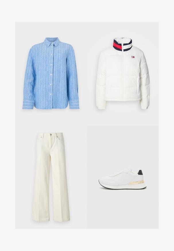 Bela puhovka s visokim ovratnikom, ki ima mornarsko modro, rdečo in belo trakasto poslikavo. Spredaj se zapenja na zadrgo, imata pa tudi stranska žepa. Gladka tekstura.; Svetlo modra lanena srajca z belimi navpičnimi črtami, dolgi rokavi, zapenjalo na sprednji strani in klasičen ovratnik. Teksturična tkanina z bolj sproščenim krojem.; Široke bele kavbojke so narejene iz mešanice bombaža. Imajo zadrgo, pet žepov in šive vzdolž šivov.; Bela tenisa z gladko površino, ki se ponaša z črnimi detajli na peti in zlatim kovinskim dodatkom na srednjem delu podplata. S sistemom vezalk, gumijast podplat.