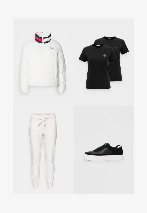 Bijela puffer jakna s visokim ovratnikom koja ima mornarsko plavu, crvenu i bijelu prugastu dekoraciju. Središnji prednji zip i bočne džepove. Glatka tekstura.; Dve crne kratke majice s okruglim izrezom i malim sivim logotipima "CK Calvin Klein" na lijevoj strani prsa, prikazane na bijeloj pozadini.; Bijele trenirke izrađene od mekog materijala, s elastičnim pojasom na vezanje, elastičnim završecima i dvije bočne džepove za praktičnost.; Crne tenisice s glatkom kožom i panelima od antilopa, ravne vezice, zaobljenim vrhom i bijelim gumeni potplat. Izraziti logo na peti.