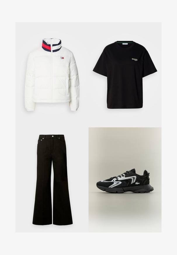 Casaco puffer branco com colarinho alto, apresentando um detalhe em riscas azul marinho, vermelho e branco. Fecho central com zíper e bolsos laterais. Textura suave.; T-shirt preta de algodão com mangas curtas, apresentando um pequeno logótipo verde no lado esquerdo do peito. Decote redondo clássico, ajuste descontraído.; Calças de ganga pretas de cintura alta e perna larga, com botão e fecho éclair frontal, passadores para cinto e cinco bolsos, incluindo um pequeno bolso para moedas.; Sapatos de desporto pretos com painéis de malha, detalhes em prata e sobreposições texturizadas em preto. Apresentam atacadores e uma sola curva e resistente.