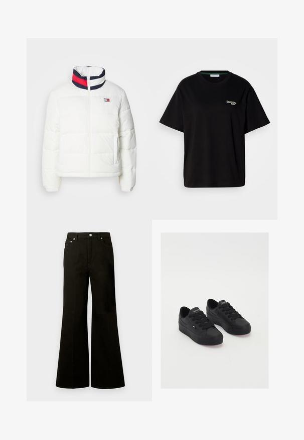 Casaco puffer branco com colarinho alto, apresentando um detalhe em riscas azul marinho, vermelho e branco. Fecho central com zíper e bolsos laterais. Textura suave.; T-shirt preta de algodão com mangas curtas, apresentando um pequeno logótipo verde no lado esquerdo do peito. Decote redondo clássico, ajuste descontraído.; Calças de ganga pretas de cintura alta e perna larga, com botão e fecho éclair frontal, passadores para cinto e cinco bolsos, incluindo um pequeno bolso para moedas.; Sapatilhas pretas de cano baixo feitas de material suave, com atacadores grossos, uma sola texturizada e um pequeno logo na lateral e na língua.