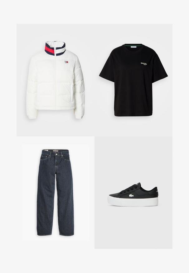 Valkoinen puffatakkia, jossa on korkea kaulus ja tummansinen, punainen ja valkoinen raidallinen yksityiskohta. Keskellä edessä vetoketju ja sivutaskut. Sileä pinta.; Musta puuvillapaita lyhyillä hihoilla, jossa on pieni vihreä logo vasemmassa rinnassa. Klassinen pyöreä kaula-aukko, rento malli.; Levi's® BAGGY DAD - Relaxed fit -farkut - partly masked lb; Musta matalavartinen lenkkari, joka on valmistettu synteettisestä materiaalista ja jossa on valkoinen kumipohja, mustat nauhat ja pieni valkoinen logo sivussa.
